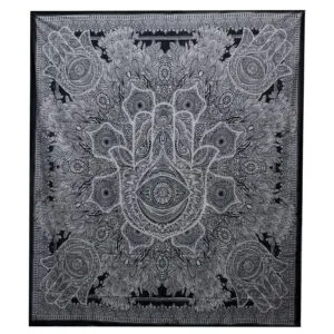 Black and white cotton Hamsa tapestry featuring an All-Seeing Eye and detailed mandala artwork.