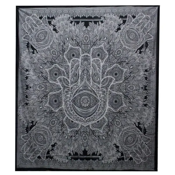 Hamsa Hand Tapestry Cotton Black And White All-Seeing Eye Black and white cotton Hamsa tapestry featuring an All-Seeing Eye and detailed mandala artwork.