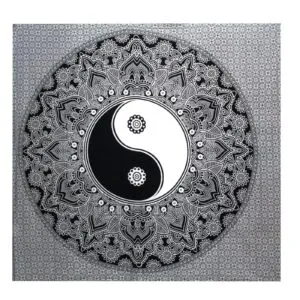 Hand-printed black and white cotton tapestry featuring a mandala Yin-Yang design.