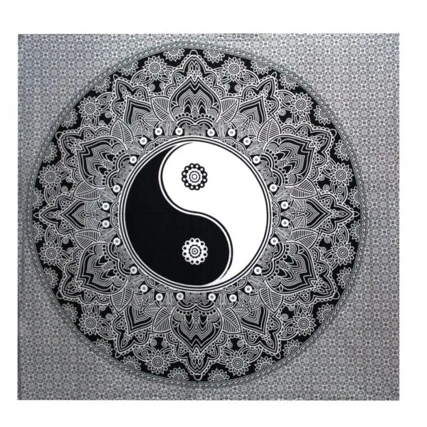 Mandala Tapestry Cotton Black And White Yin-Yang Design Hand-printed black and white cotton tapestry featuring a mandala Yin-Yang design.