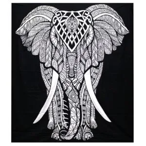 Black and white elephant mandala tapestry featuring intricate geometric patterns.