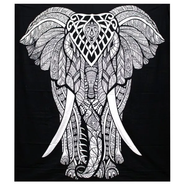 Elephant Mandala Tapestry Polyester Black And White Print Black and white elephant mandala tapestry featuring intricate geometric patterns.
