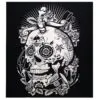 Sugar Skull Banner Fabric Black And White Floral Sword Art Black and white woven fabric banner with an ornate floral sugar skull and sword.