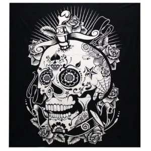 Black and white woven fabric banner with an ornate floral sugar skull and sword.