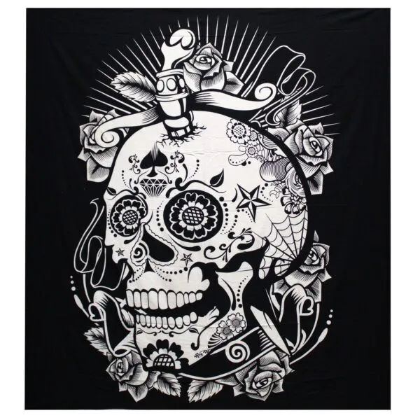 Sugar Skull Banner Fabric Black And White Floral Sword Art Black and white woven fabric banner with an ornate floral sugar skull and sword.