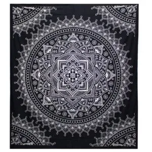Black and white mandala tapestry featuring an intricate geometric floral pattern.