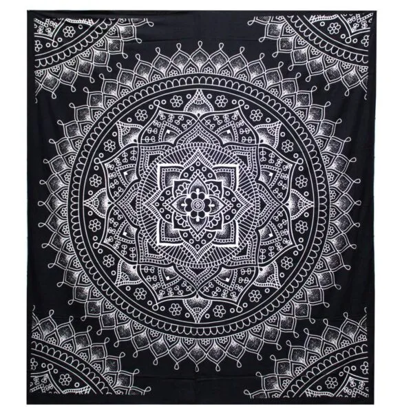 Mandala Tapestry Fabric Wall Hanging Black And White Floral Black and white mandala tapestry featuring an intricate geometric floral pattern.
