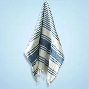 Turkish Peshtemal Towel Cotton Blue Striped Fringed Edges Blue and off-white striped Turkish cotton peshtemal towel with fringed edges.