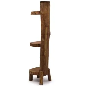 Handcrafted 3-tier teak wood corner shelf supported by a natural branch frame.
