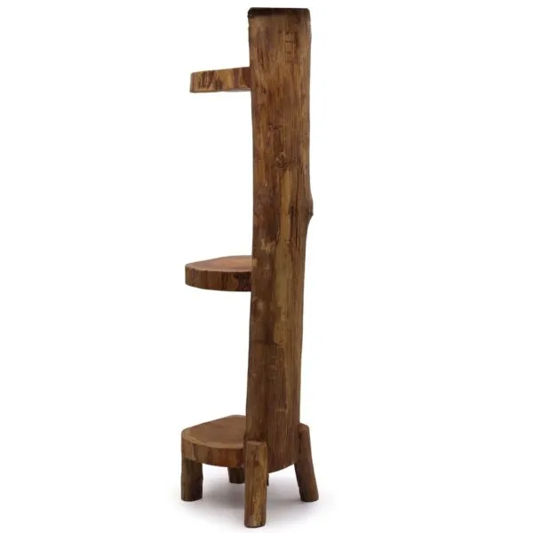 Handcrafted 3-tier teak wood corner shelf supported by a natural branch frame.