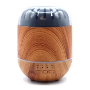 Brown wood grain aromatherapy diffuser with timer settings and illuminated LED vents.