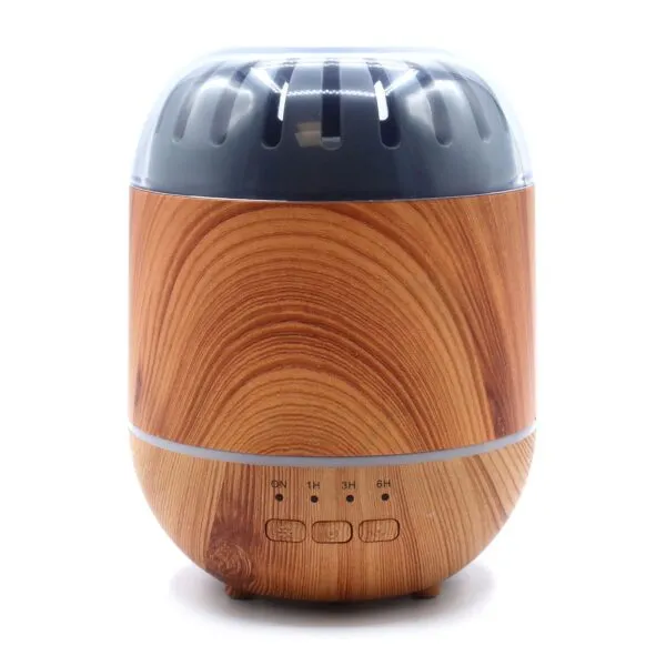 Brown wood grain aromatherapy diffuser with timer settings and illuminated LED vents.