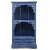 Storage Cabinet Wooden Distressed Blue Scroll Details Distressed blue wooden storage cabinet with ornate metal scroll details and two drawers.