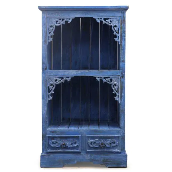 Storage Cabinet Wooden Distressed Blue Scroll Details Distressed blue wooden storage cabinet with ornate metal scroll details and two drawers.