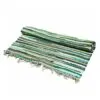 Rag Rug Recycled Woven Fabric Green Striped Fringed Edges Partially rolled green striped rag rug with fringed edges, made from recycled fabric.