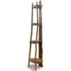 Corner Display Shelf Rustic Wood Honey Brown Live Edge Rustic honey-brown wooden corner shelf with four live-edge tiered display shelves.