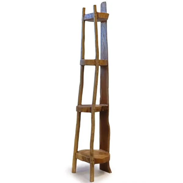 Corner Display Shelf Rustic Wood Honey Brown Live Edge Rustic honey-brown wooden corner shelf with four live-edge tiered display shelves.