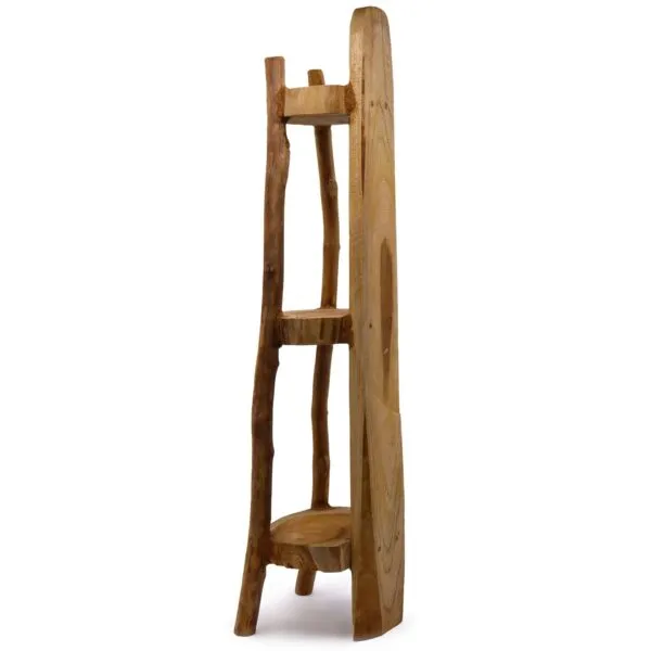 3-Tier Stool Hand-Carved Wood Light Brown Tree Limb Legs Hand-carved three-tier light brown wooden stool with natural tree limb legs.