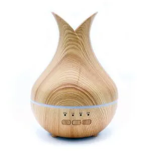 Essential Oil Diffuser Wood Grain Light Brown LED Timer Light brown wood grain essential oil diffuser with blue LED timer lights.