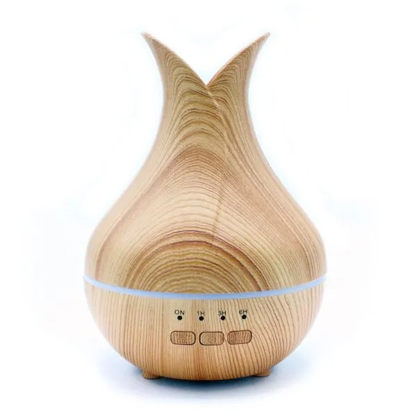 Essential Oil Diffuser Wood Grain Light Brown LED Timer Light brown wood grain essential oil diffuser with blue LED timer lights.