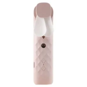 Pink portable handheld fan featuring white butterfly-shaped blades and a textured grip.
