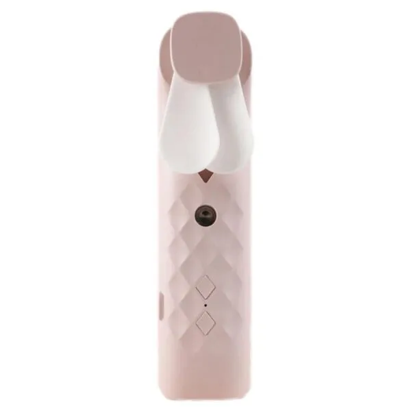 Pink portable handheld fan featuring white butterfly-shaped blades and a textured grip.