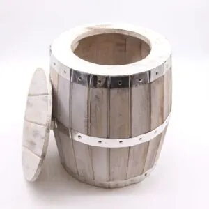 Barrel With Lid Rustic Wooden Light Grey Silver Metal Bands Rustic light grey wooden barrel with silver metal bands and a matching lid.
