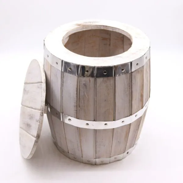 Rustic light grey wooden barrel with silver metal bands and a matching lid.
