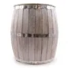Rustic white wooden wine barrel with riveted silver metal bands and a dark top.