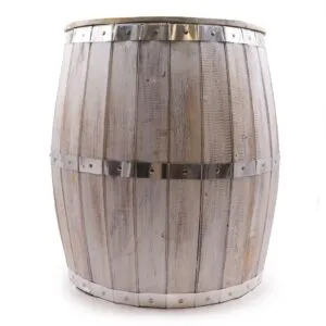 Wine Barrel Rustic Wooden White With Silver Metal Bands Rustic white wooden wine barrel with riveted silver metal bands and a dark top.