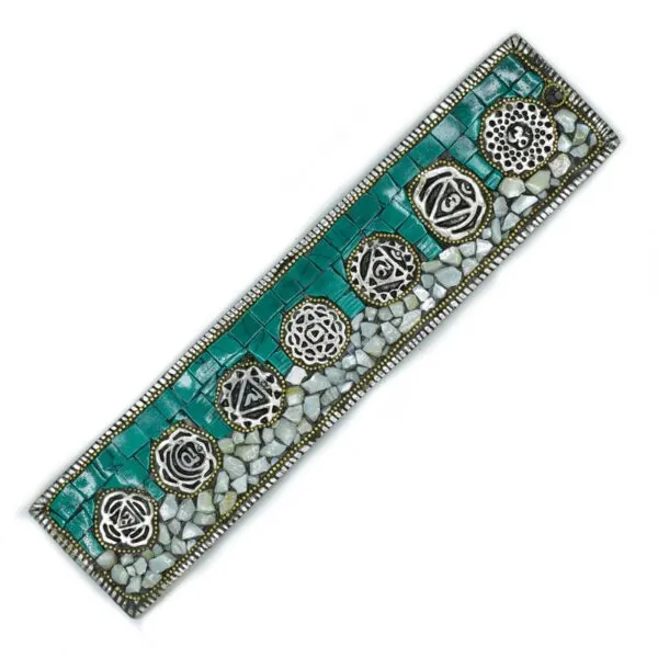 Incense Holder Stone Metal Turquoise Filigree Medallions Artisanal turquoise stone incense holder featuring mosaic tiles and intricate silver filigree medallions.
