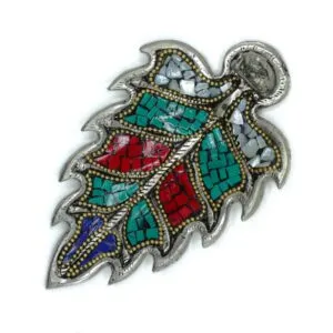 Oak Leaf Ornament Stone Mosaic Turquoise Brass Beaded Edge Turquoise stone mosaic oak leaf ornament with a silver frame and brass beaded edge.