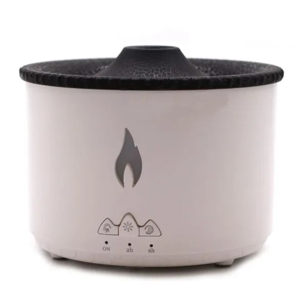 White electric essential oil diffuser with flame effect light and timer controls.