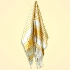 Peshtemal Towel Turkish Cotton Yellow Striped Fringe Yellow striped Turkish cotton peshtemal hammam towel with traditional hand-tied fringes.